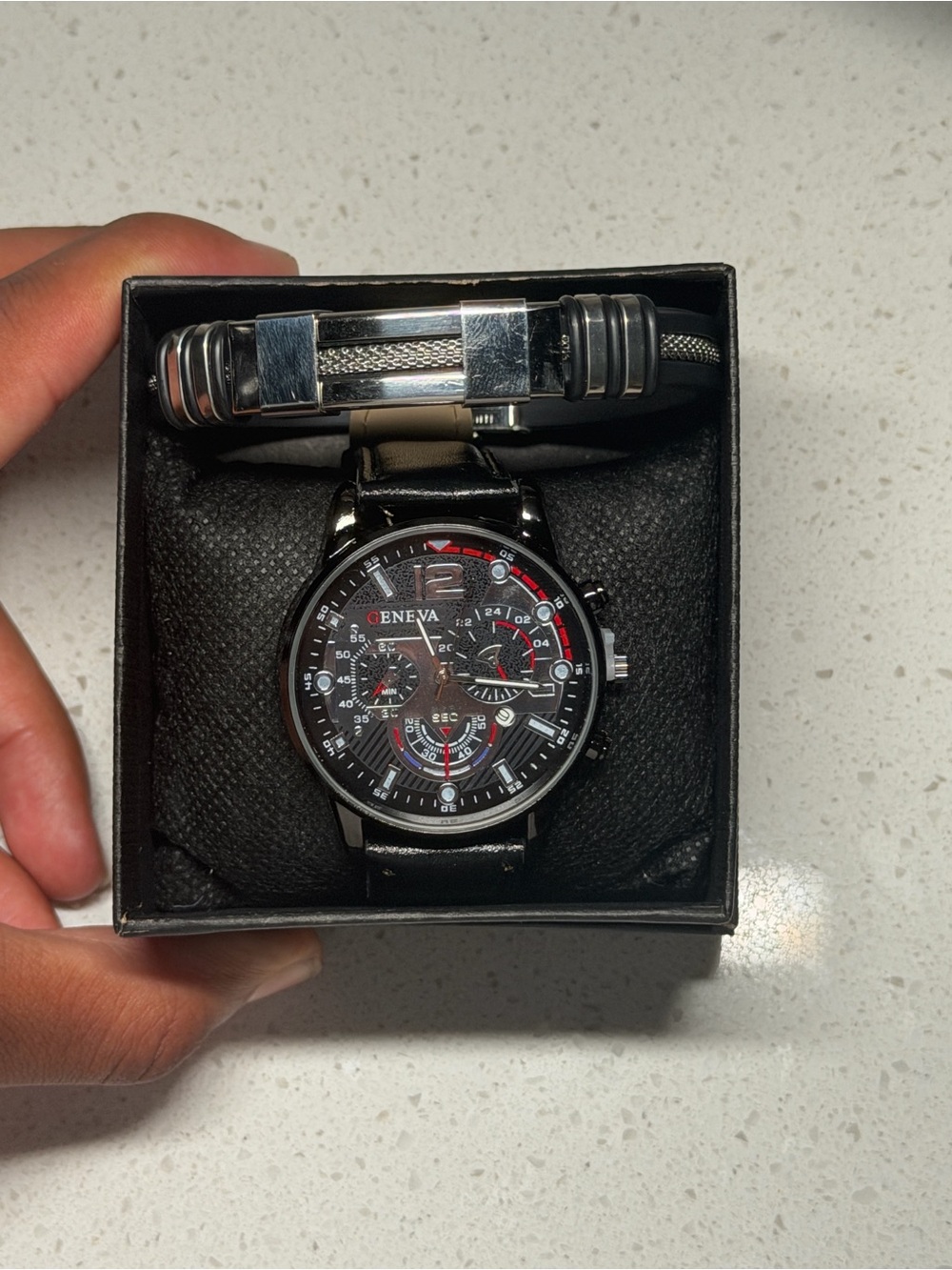 Geneva Black Watch with Red Accents and Silver Case